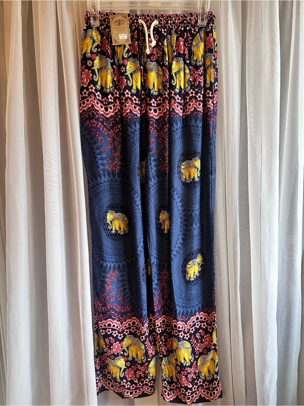 Katmandu Blue Yellow Mandala Elephant Print Lightweight Bohemian Pants Size OS
